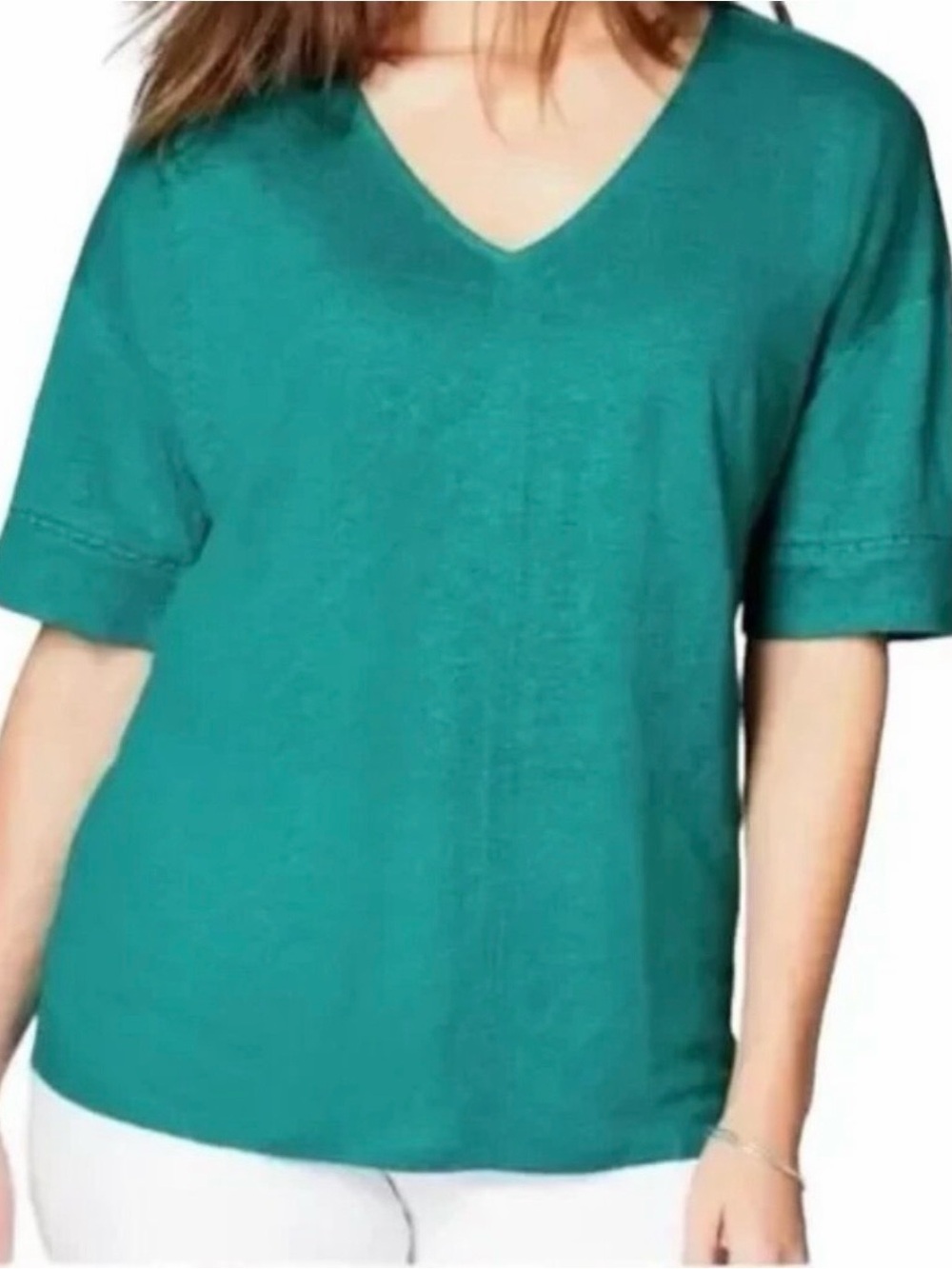 J. Jill Love Linen Mediterranean Teal Short Sleeve Crochet V-Neck T-Shirt Small